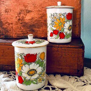 Vintage Retro Floral Wildflower Porcelain Lidded Jars with Gold Accenting Japan